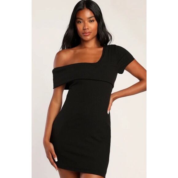 Lulus Sultry Side Black Ribbed One-shoulder Bodycon Mini Dress -‎ Small NWT - Picture 1 of 9
